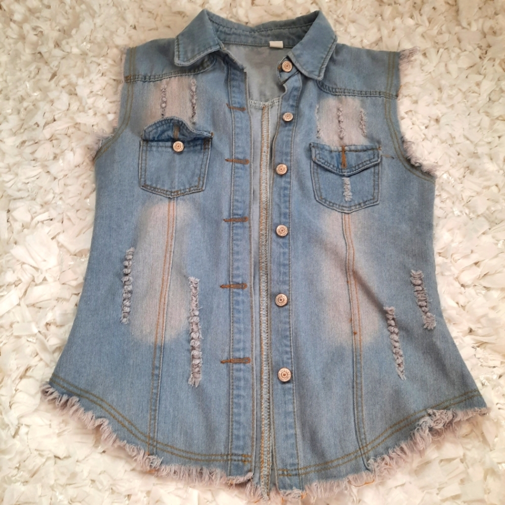 Light Denim Distressed Jean Vest Great Layering Piece EUC M/L